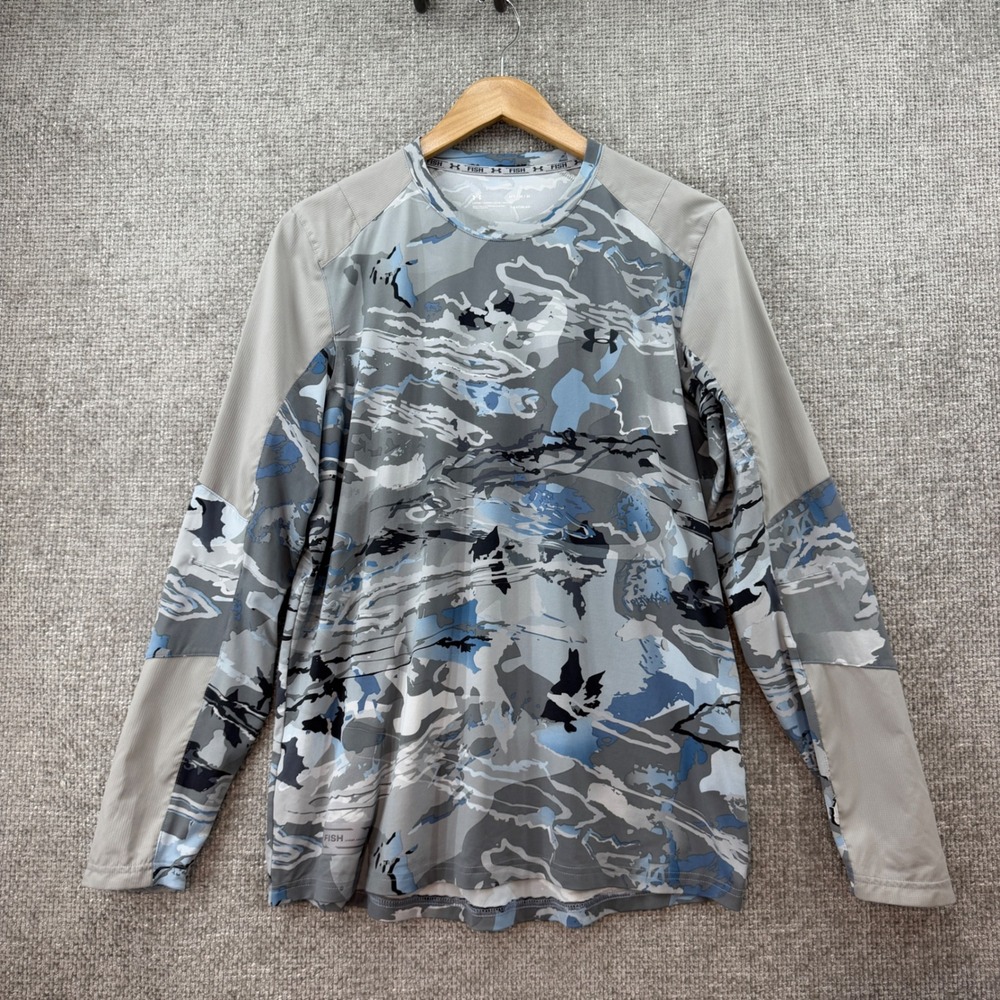 Under Armour HeatGear Shirt Men M Blue Camo Performance Moisture Wicking Stretch